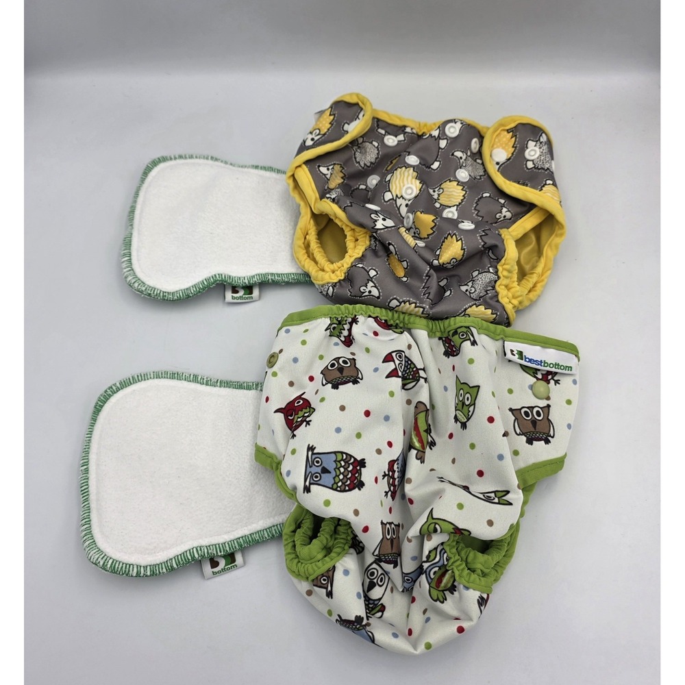 2 Best Bottom One Size Yellow & Green Themed Diapers & 2 White & Green Inserts
